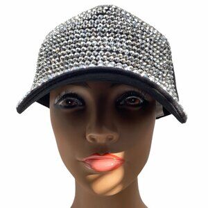 Women’s White Rhinestone Embellished Black Baseball Cap 100% Cotton Adjustable F